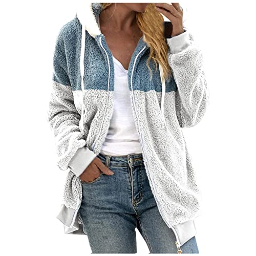 Azruma Mantel damen herbst Frauen Winter Warm Teddy-Fleece Patchwork Drucken Langarm Hooded Plüschjacke mit Reißverschluss warme damen winter jacke winterjacke(1-White,L) von Azruma