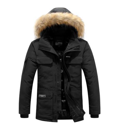 Azruma Motorradjacke Herren Jagd Jacke Für Herren Regenmäntel Männer Warm Gefüttert Reißverschluss Padded Jacket Mit Fellkragen Winter Weste Herren Leder Winterjacke Herren (Schwarz, L) von Azruma