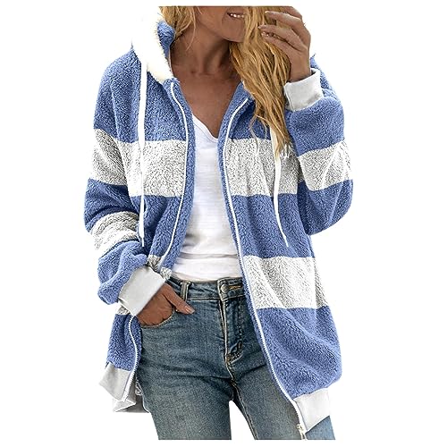 Azruma Pullover Damen Winter Frauen Winter Warm Teddy-Fleece Patchwork Drucken Langarm Hooded Plüschjacke mit Reißverschluss pullovermantel(9-Blue,M) von Azruma