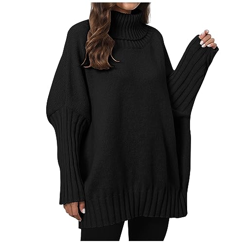 Azruma Pullover Mit Protektoren Hoody Damen Mit Kapuze Langarm Shirts Damen Frauen Elegant Einfarbig Stricken Rollkragen Langarm Oversize Pulli Warm Lang Ärmeln Lang Sweater (Schwarz, Einheitsgröße) von Azruma