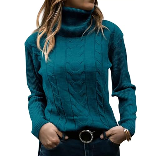 Rollkragenpullover Damen Lang Frauen Elegant Einfarbig Rollkragen Langarm Strick Pullover Winter Jacquard Turtleneck Sweater Warm Basic Strickpulli Rollkragen Damen Pullover Kleid (5-Turquoise,M) von Azruma