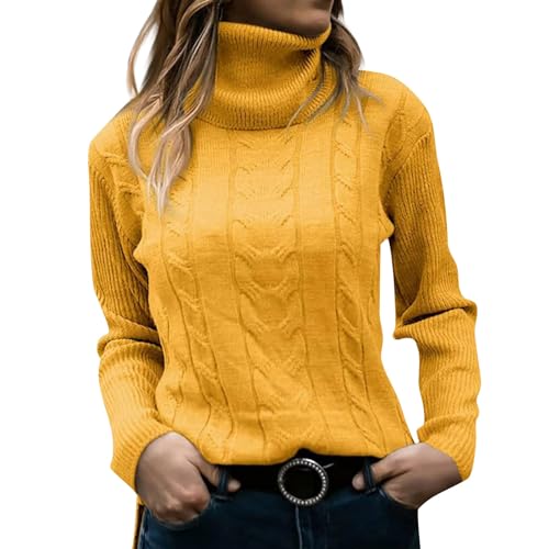 Azruma Rollkragenpullover Damen Frauen Elegant Einfarbig Rollkragen Langarm Strick Pullover Winter Jacquard Turtleneck Sweater Warm Basic Strickpulli Schwarzer Rollkragenpullover Damen (4-Yellow,S) von Azruma