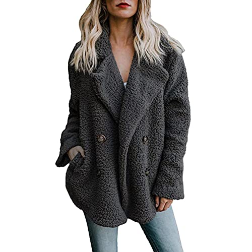 Azruma Teddy Fleecejacke Damen Frauen Herbst Winter Warm Teddy Fleece Revers Zweireiher Jacke Flauschige Langarm Fleecejacke Teddy Weste Damen Lang Fleecejacke Damen Schwarz(2-Black,Xl) von Azruma