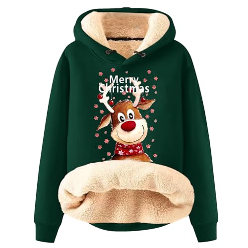 Azruma Teddyfleece Pullover Damen Frauen Winter Weihnachten Warm Fleece Sherpa Gefütterter Pullover Mit Kapuze Lässiger Drucken/Einfarbig Kapuzenpullover Teddyplüsch Jacke Damen (2-Dark Green,M) von Azruma