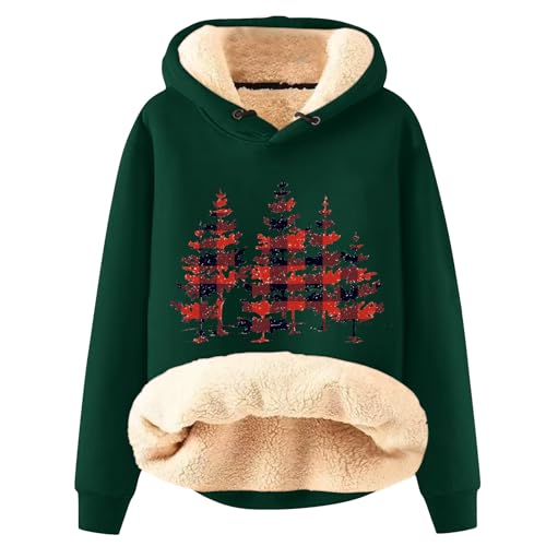 Azruma Teddymantel Frauen Winter Weihnachten Warm Fleece Sherpa Gefütterter Pullover Mit Kapuze Lässiger Drucken/Einfarbig Kapuzenpullover Hoodie Sweatshirt Schlupfjacke Damen Winter(5-Dark Green,L) von Azruma