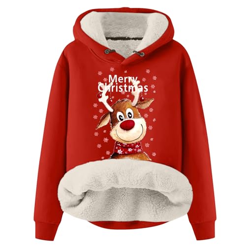 Azruma Teddymantel Frauen Winter Weihnachten Warm Fleece Sherpa Gefütterter Pullover Mit Kapuze Lässiger Drucken/Einfarbig Kapuzenpullover Sweatshirt Damen Teddy Zip Gefütterte Sweatjacke(2-Red,L) von Azruma