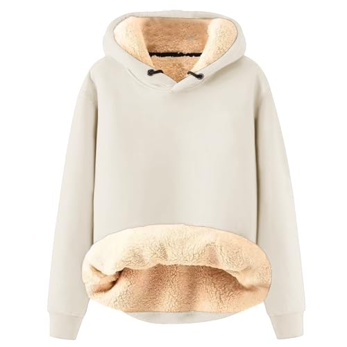 Azruma Thermo Pullover Damen Frauen Winter Weihnachten Warm Fleece Sherpa Gefütterter Pullover Mit Kapuze Lässiger Drucken/Einfarbig Kapuzenpullover Hoodie Damen Lederjacke Damen Echtleder(1-Beige,S) von Azruma