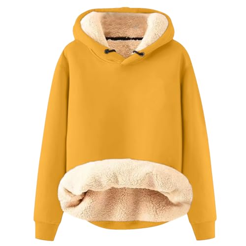 Azruma Thermo Pullover Damen Frauen Winter Weihnachten Warm Fleece Sherpa Gefütterter Pullover Mit Kapuze Lässiger Drucken/Einfarbig Kapuzenpullover Winterbekleidung Damen (1-Yellow,3XL) von Azruma