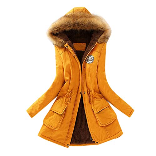 Azruma Trenchcoat Damen Lang Frauen Winter Einfarbig Langarme Gefütterte Fleecejacke Mit Kapuze Warme Lange Winterparka Mit Tasche Womens Winter Coats(Gelb,L) von Azruma