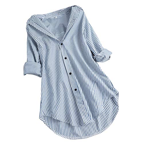 Azruma Tunika Damen Elegant Elegant Gestreiftem Druck V-Ausschnitt Langarm Hemd Longbluse Lang Bluse Schlupfbluse Mit Gummizug Stillmode Mode Italienisch(1-Sky Blue,5XL) von Azruma