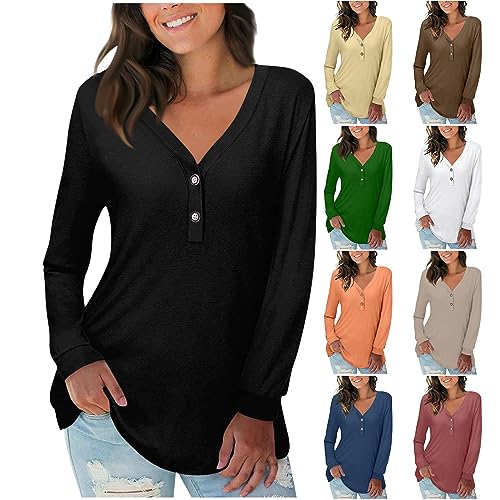 Azruma Tunika Damen Sommer Frauen Elegant Plissee V-Ausschnitt Knopfleiste Langarm Bluse Flowy Einfarbig/Drucken Tunika Oberteile Damen Bluse(Black-1,3XL) von Azruma