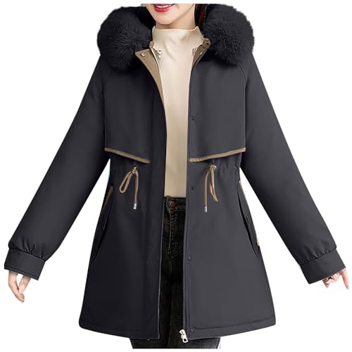 Azruma Übergangsjacke Damen Lang Fleecejacke Damen Lang Damen Oberteile Frauen Elegant Einfarbig Reißverschluss Gefüttert Mittellang Parka Mit Fellkapuze Umstandsmode Winterjacke (Schwarz, M) von Azruma