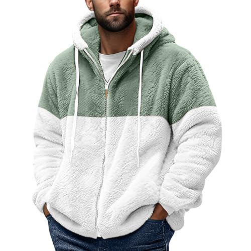 Azruma Übergangsjacke Herren Winterpullover Herren Hoodie Herren Männer Warm Teddy Fleece Patchwork Reißverschluss Plüschjacke Mit Kapuze Jacket Men Frülings Jacken Herren (Minzgrün,L) von Azruma