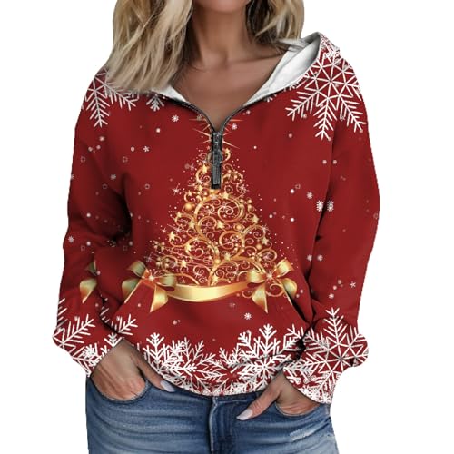 Azruma Weihnachtspullover Damen Baumwolle Rollkragenpullover Damen Glitzer Oberteile Damen Frauen Festliche Half Zip Drucken Langarm Hoodie Sweatshirt Mit Kapuze Kapuzenpullover Rot (2-Wine, 3XL) von Azruma