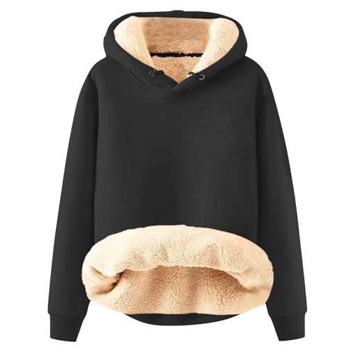 Azruma Winterjacke Damen Frauen Winter Weihnachten Warm Fleece Sherpa Gefütterter Pullover Mit Kapuze Lässiger Drucken/Einfarbig Kapuzenpullover Kapuzenpullover Für Damen (1-Black,L) von Azruma