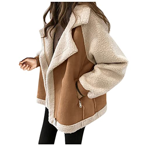 Azruma Winterjacken Damen Winterjacke Damen Kurz Felljacke Damen Frauen Warm Kurz Schaffell Fleece Revers Langarm Motorradjacke Mit Zipper Taschen Pullover Weihnachten (1-Khaki, S) von Azruma