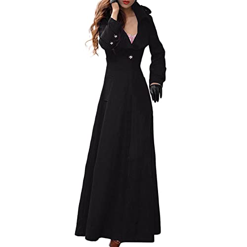 Azruma Wintermantel Damen Regenjacken & -Mäntel Für Damen Sportjacke Damen Frauen Warme Slim Fit Einfarbig Revers Maxi Long Overcoat Mit Knöpfen Winddicht Langarm Wollmantel (Schwarz, S) von Azruma