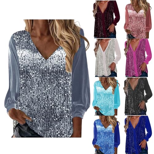 Bluse Damen Elegant Festlich Frauen Festliche Pailletten Oberteil Abend Party Glitzer V-Ausschnitt Langarm Tunika Damen Blusen Bluse Glitzer Festliche Tops Bluzki Damskie Eleganckie(1-Silver,L) von Azruma