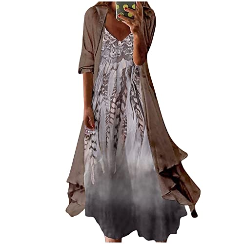 Damen Kleid Elegant Kleid Festlich Damen Damen Kleid Rot Damen Sommer Chiffon Zweiteiler Drucken ÄRmelloses V-Ausschnitt Swing Midi TräGerkleid Afrikanische Kleider Damen (Brown-1, 3XL) von Azruma