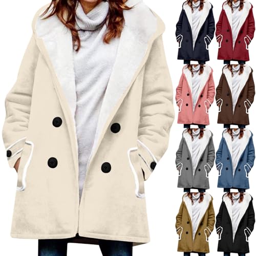 Azruma Winterjacke Damen Warm Frauen Winter Einfarbig/Drucken Fleece Gefüttert Zweireihig Jacke Mit Kapuze Elegant Teddy Fleece Parka Winterjacke Damen Warm Mantel Mit Pelz Damen(1-Beige,Xl) von Azruma