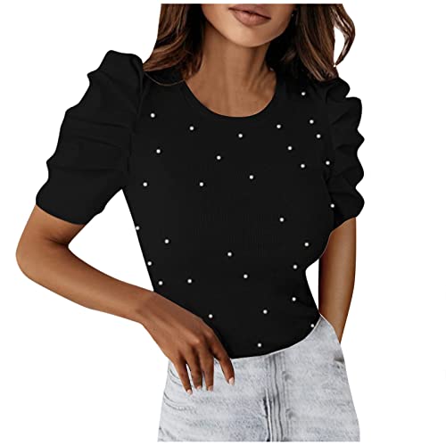 Damen Oberteile Sommer Long Top Damen Lang Festival Outfit Damen Elegant Einfarbig Perlen Rundhals Puff ÄRmel Gerippt Strick Sitzende Tshirt Kurzarm Bluse Y2K Shirt (Schwarz, XXL) von Azruma