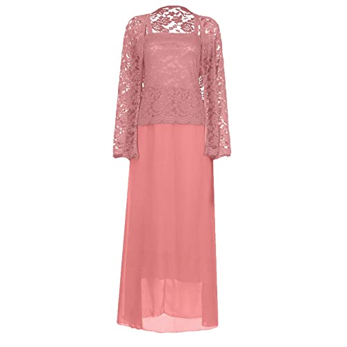 Damen Spitzenkleid Elegant Chiffon 3/4 Ärmel Midilang 2 Teilig Satz Kleid Zweiteiler Für Hochzeit Vintage Kleider Brautjungfernkleider Cocktailkleider Abendkleid Tüll Cardigan Kleid(Rosa996,3XL) von Azruma