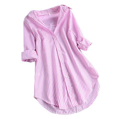 Damenblusen Elegant Gestreiftem Druck V-Ausschnitt Langarm Hemd Oversize Shirt Damen Long Tops Für Damen Extra Lang Sommerblusen Damen Leicht Und Luftig Oversize Bluse Oberteil Mit Herzen(1-Pink,L) von Azruma