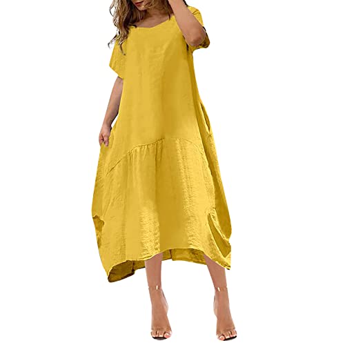 Elegante Kleider Damen Midikleid Sommer Lila Kleid Damen Oversize Leinenkleid Mit Tasche V-Ausschnitt A-Linie Kurzarm Midi Einfarbig Leinenkleider Abendkleider Lang Mit äRmeln (Gelb, 3XL) von Azruma