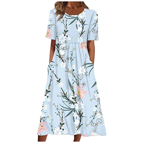 Festliche Kleider FüR Damen Lange Kleider Blumenkleid Damen Frauen Boho Drucken Rundhals Kurzarm Swing Lange Tunikakleid Mit Taschen Figurbetonte Kleider (2-Blue, S) von Azruma