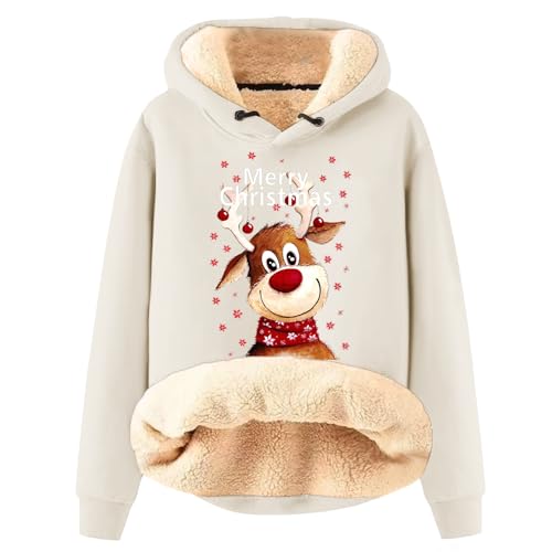 Fleece Pullover Für Damen Frauen Winter Weihnachten Warm Fleece Sherpa Gefütterter Pullover Mit Kapuze Lässiger Drucken/Einfarbig Kapuzenpullover Winter Hoodie Jeansjacke Damen Gefüttert(2-Beige,S) von Azruma