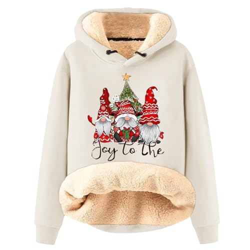 Fleecepullover Damen Frauen Winter Weihnachten Warm Fleece Sherpa Gefütterter Pullover Mit Kapuze Lässiger Drucken/Einfarbig Kapuzenpullover Lässige Pullover Damen Gefütterte Sweatjacke(3-Beige,S) von Azruma