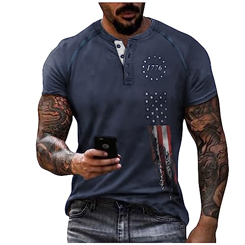 Gym Shirt Herren T-Shirt Baseball Shirt Herren Vintage Drucken Kurzarm ÜBergrößE Henley Shirt Mit Knopfleiste Sommer Button Down Plus Size T Shirts T Shirt Weiss Herren (Blau, L) von Azruma