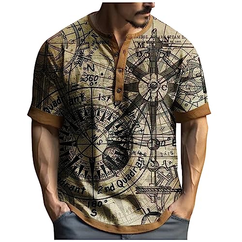 Hemd Herren Kurzarm Muscle Shirt Herren SprüChe T Shirt Vintage Drucken Kurzarm ÜBergrößE Henley Shirt Mit Knopfleiste Sommer Button Down Plus Size T Shirts Sport Tank Top Herren (1-Khaki, 5XL) von Azruma