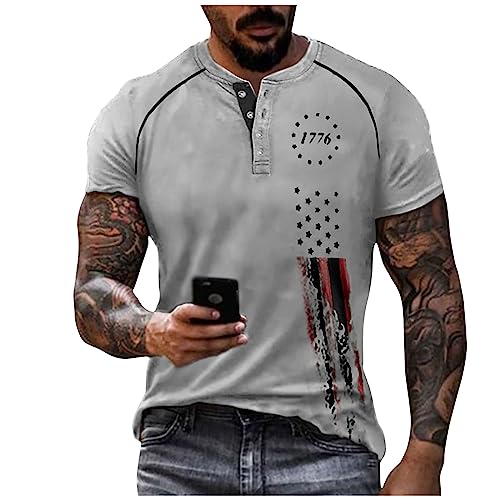 Hemd Herren Kurzarm Tshirt T-Shirt Herren Set Vintage Drucken Kurzarm ÜBergrößE Henley Shirt Mit Knopfleiste Sommer Button Down Plus Size T Shirts 4XL T-Shirt Herren (Grau, XL) von Azruma