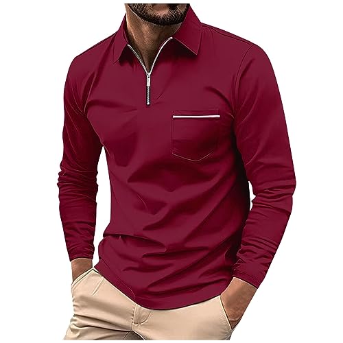 Hemden Herren Langarm Unterhemd Herren Hautfarben Hoodies Für Männer Männer Outdoor Einfarbig Zipper V-Ausschnitt Langarm Golfshirts Mit Brusttasche Herbst Winter Arbeit Polo T-Shirts (Rot, XL) von Azruma