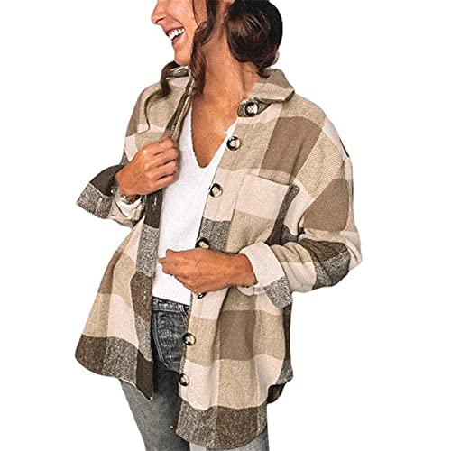 Hemdjacke Frauen Herbst Winter Elegant Karierte Revers Langarm Hemdjacke Mit Knöpfen Warm Karo Flanell Hemden Holzfäller Jacke Gefüttert Strickpullover Oversize Karierte Hemd Rot Grün(4-Yellow,S) von Azruma