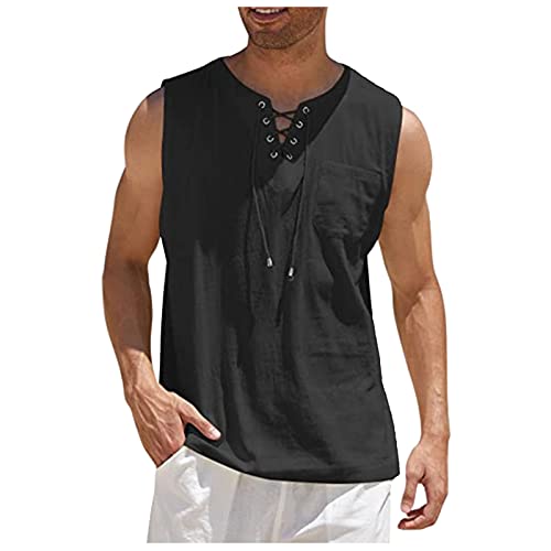 Herren Tank Top Sommer T Shirt Weiß Herren T-Shirt Herren SprüChe Sommer Einfarbig Baumwolle Leinen Strand ÄRmelloses Hemd Mit SchnüRung Und Brusttasche Gym Top (Schwarz, 4XL) von Azruma