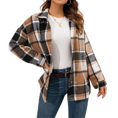 Holzfällerhemd Damen Frauen Herbst Winter Elegant Karierte Revers Langarm Hemdjacke Mit Knöpfen Warm Karo Flanell Hemden Langarmshirt V Ausschnitt Holzfäller Jacke Gefüttert Flanelljacken(3-Brown,3Xl) von Azruma