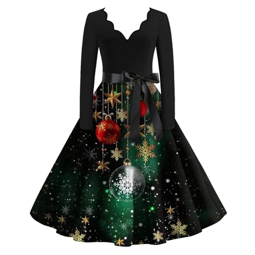 Kleid Langarm Damen Frauen Vintage Rockabilly V-Ausschnitt Langarm A-Linie Übergröße Weihnachten Kleid Mit Schleife Rockabilly Kleider Damen Cocktailkleid Damen Langarm(4-Green,5XL) von Azruma