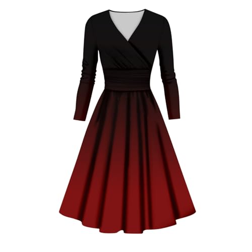 Kleid Sexy Weihnachtskleid Kleid Für Hochzeitsgäste Trägerkleid Frauen Elegant Drucken V-Ausschnitt Langarm Swing Tunika Kleid Abendkleider Knielang (2-Wine, L) von Azruma