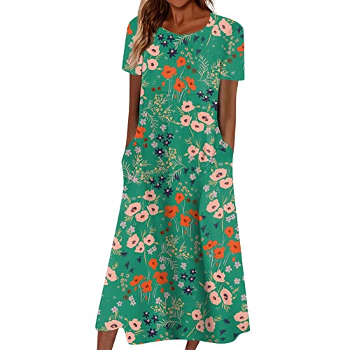 Kleider FüR MäDchen FaschingskostüM MäDchen Kleider MäDchen Frauen Boho Drucken Rundhals Kurzarm Swing Lange Tunikakleid Mit Taschen Prom Dress Long (5-Dark Green, 3XL) von Azruma