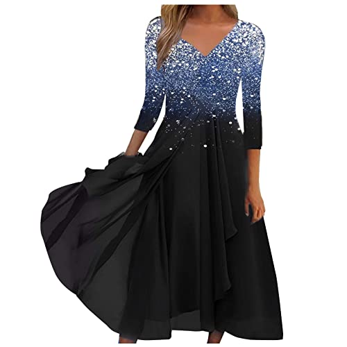 Langes Sommerkleid Damen Festival Outfit Damen Mittelalter KostüM Damen Spitzenkleid Chiffon Pailletten Flowy RüSchen Swing V-Ausschnitt 3/4 ÄRmel Midi Cocktailkleid Blaues Kleid Damen von Azruma