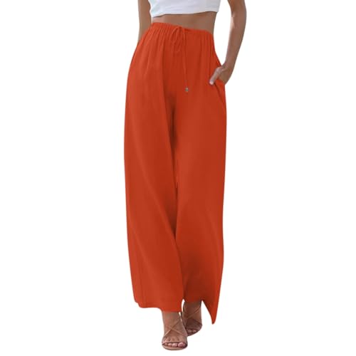 Azruma Stoffhose Damen Damen Sommer Baumwolle Leinen Hose Mit Taschen Hosenrock Damen Elegant Po Push-Up Hose Damen Hosen Elegant Kurze Hose Stretch Hose Damen(3-Orange,S) von Azruma