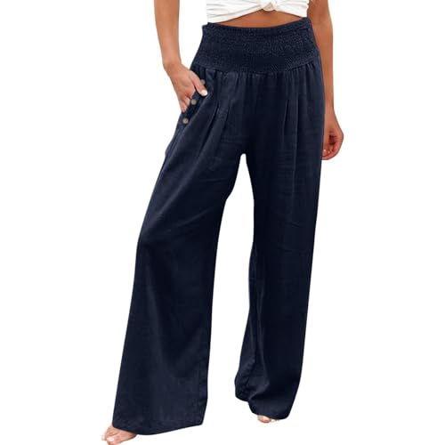 Azruma Leinenhose Damen Damen Sommer Baumwolle Leinen Hose Mit Taschen Wide Leg Pants Chino Leinenhose Damen Hose Mädchen Track Pants Yoga Hose Damen(1-Navy,L) von Azruma