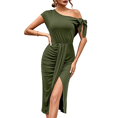 Luftige Sommerkleider Pailettenkleider FüR Damen Stillkleid Festlich Frauen Slim One Shoulder Split Einfarbig Plissee High Waist Maxikleid Mit Schleife Hippie KostüM Damen (ArmeegrüN_Aba27, Xl) von Azruma