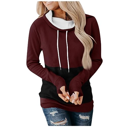 Oberteile Damen Sport Langarmshirt Damen Backless Top Frauen Slim Fit Patchwork Wasserfall-Ausschnitt Langarm Hoodie Warm Lang Ärmeln Sweatshirt Mit Daumenloch V Ausschnitt Damen Pullover (2-Wine, S) von Azruma