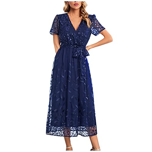 Partykleid Damen Abschlussballkleid TräGerkleid Damen Sommerdamen Sommer Chiffon Drucken Patchwork Midikleid Mit GüRtel V-Ausschnitt Kurzarm Swing TüLl Kleider Kapuzenpullover Damen von Azruma