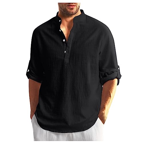 Polo Shirt FunktionsunterwäSche Herren T Shirts MäNner V Ausschnitt BeiläUfig Leinen Einfarbige Langarm Henley Shirt Mit Knopfleiste Atmungsaktiv Stehkragen Shirt Cotosen Herren Shirt von Azruma