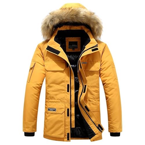 Pullover Herren Lederjacken Für Herren Mantel Männer Warm Gefüttert Reißverschluss Padded Jacket Mit Fellkragen Regenjacken Herren Wasserdicht Atmungsaktiv Mit Kapuze Winterjacke 110 Junge (Gelb, 3Xl) von Azruma