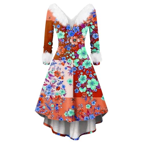 Rockabilly Kleider Damen Strandkleid Damen Glitzer Oberteile Damen Kleid Halloween Frauen Übergröße Drucken Plüsch V-Ausschnitt Lange Ärmel Asymmetrisch Swing A-Linien Kleider (3-Orange, 5XL) von Azruma